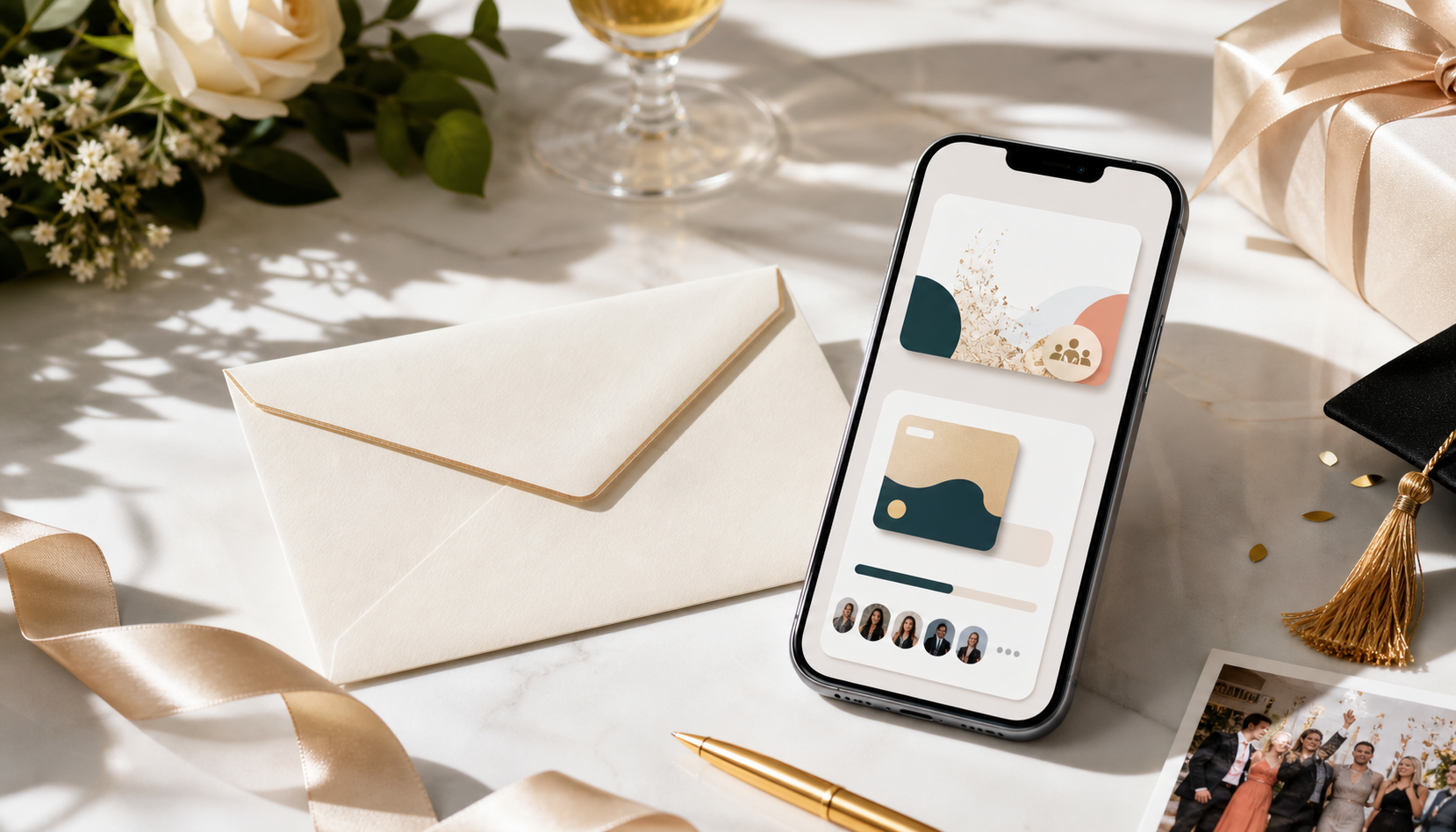 Busta digitale elegante con smartphone e dettagli regalo